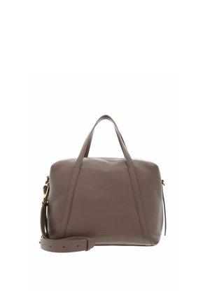 Sac à main en cuir marron moyen avec deux poignées, bandoulière réglable et logo de marque en or "Coccinelle" au centre avant.