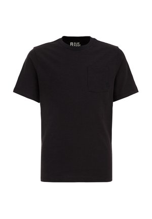 Enkelt sort t-shirt med korte ærmer og rund hals med en venstre brystlomme og subtil Blue Ridge-logo på lommen.