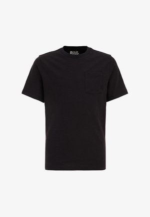 T-shirt noir uni à manches courtes et col rond avec une poche poitrine gauche et un logo Blue Ridge discret sur la poche.