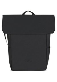 Black backpack made of smooth material, featuring a fold-over flap, side pockets, and a top handle. Minimalist design with logo detail.
