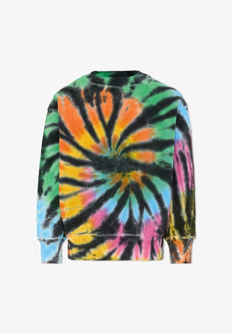 Felpa a maniche lunghe con girocollo e vivace motivo a spirale tie-dye multicolore in verde, arancione, giallo, blu, rosa e nero.