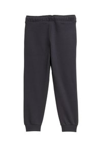 Dunkelgraue Sweatpants mit elastischem Bund und Saum, die eine glatte Textur und ein gerades Bein-Design aufweisen. Keine sichtbaren Taschen.