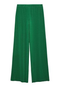 Un pantalon large vert en texture côtelée avec une taille élastique. Le tissu semble doux et léger, idéal pour un look décontracté.