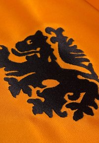 Tessuto arancione con un emblema di leone nero, che mostra una dettagliata texture di pelliccia e una criniera fluente, su uno sfondo liscio.