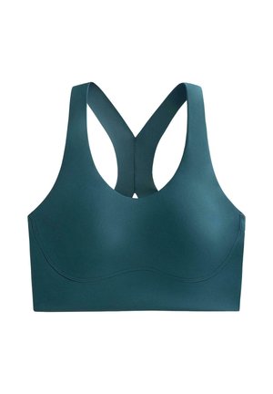 Dark teal sports bra with a smooth finish, wide straps forming a racerback design, and molded cups for support and comfort.