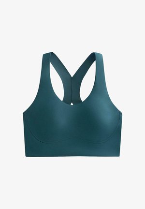 Bustieră sport de culoare teal închis, cu finisaj neted, bretele late ce formează un design racerback și cupe conturate pentru suport și confort.