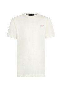 T-shirt a maniche corte, con collo rotondo, in cotone avorio, caratterizzato da un piccolo logo rosso sulla parte sinistra del petto. Texture morbida, vestibilità regolare.