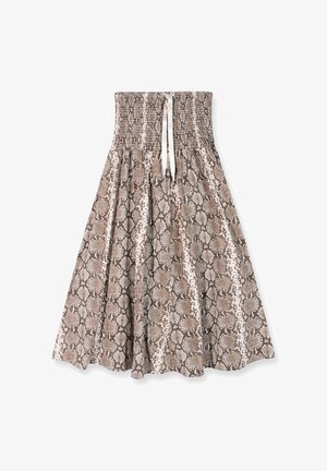 Midi spódnica w brązowo-kremowy wzór w węża z marszczonym pasem i białym sznurkiem. Lekka, zwiewna tkanina o wzorzystej fakturze.