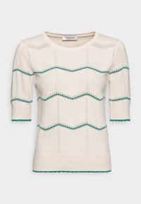 Włóczkowy kremowy sweter z krótkimi rękawami, zdobiony zielonymi falami i falbaniastymi brzegami. Lekki materiał z prążkowanym dekoltem i hemem.