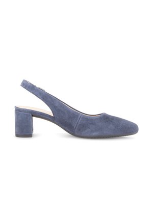Blue suede slingback pump with pointed toe and block heel, displayed in side view on white background.