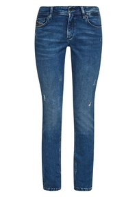 Jeans de color azul oscuro con corte ajustado, que presentan un ligero desgaste, un diseño tradicional de cinco bolsillos y una textura de denim resistente.