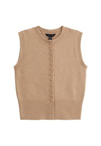 Beige ärmellose gestrickte Weste mit Rundhalsausschnitt und einer Vorderreihe kleiner runder Knöpfe, geripptem Saum und Armausschnitten.