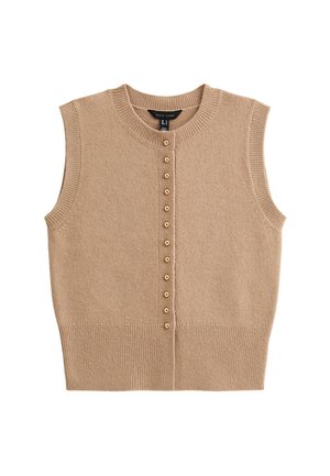 Gilet sans manches beige en tricot avec un col rond et une rangée de petits boutons ronds à l'avant, ourlet côtelé et ouvertures pour les bras.