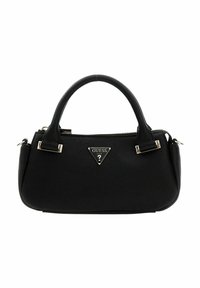 Sac à main en cuir noir à la forme structurée, doté de ferrures argentées, d'une bandoulière et d'une plaque logo triangulaire à l'avant.