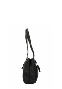 Borsa a mano in pelle nera con una finitura morbida e testurizzata. Presenta due lunghe maniglie e lacci laterali per la regolazione. Forma semplice e rotonda.