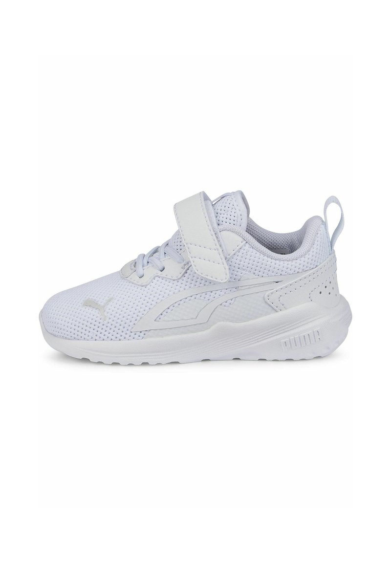 White athletic shoe with breathable mesh upper, reinforced toe, adjustable strap, and textured sole featuring the Puma logo on the side.