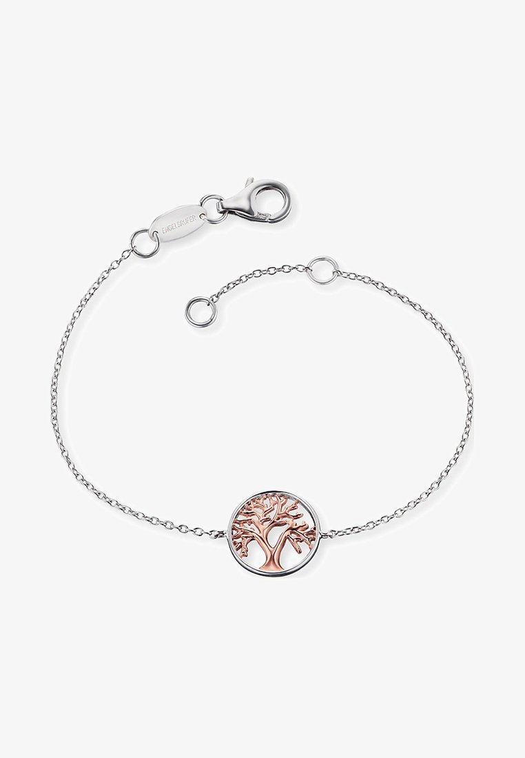 Bracciale in argento con ciondolo circolare decorato con un design di albero in oro rosa, finissime maglie a catena e chiusura a moschettone.