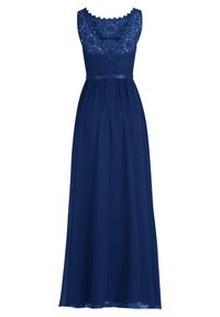 Mörkblå maxiklänning med spetslivstycke, vågig halsringning och figurnära midja. Fällande kjol som når golvet, tillverkad av lätt material.