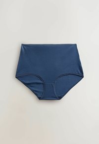 Marinblå höga trosor gjorda av mjukt, elastiskt material. Har släta kanter och en sömlös design som ger full täckning.