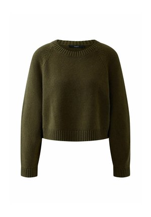 Pull court olive vert avec un col rond, des poignets et un ourlet côtelés, présentant un design en maille texturée et des manches raglan.