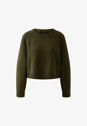 Olivengrüner, kurzer Pullover mit Rundhalsausschnitt, gerippten Bündchen und Saum, der ein strukturiertes Strickdesign und Raglanärmel aufweist.