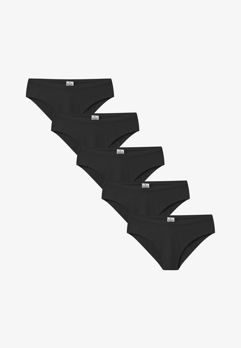 Zwarte katoenen bikiniondergoed, naadloos ontwerp, zachte textuur, met een logolabel op elk stuk, gerangschikt in een rij.