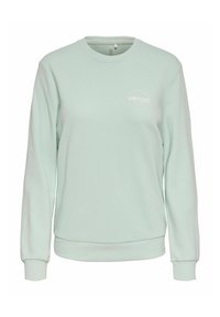 Lys myntegrønn hettegenser laget av myk tekstil, med rund hals og ribbestrikkede ermer, med en liten "LIMITLESS" logo på brystet.