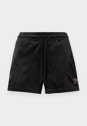 Shorts en velours noir avec taille élastique et cordon de serrage, ornés d'un petit nœud en strass rose sur la partie inférieure de la jambe droite.