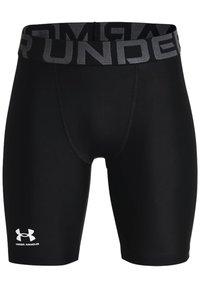 Svarta kompressionsshorts med en bred elastisk midjeband som har "UNDER ARMOUR"-logotypen. Texturerat tyg, figurnära design och längd till mitten av låret.