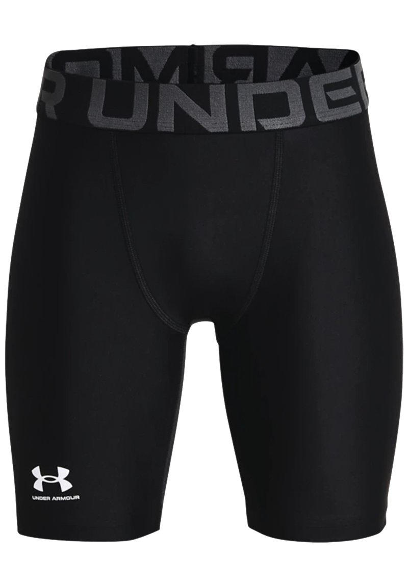 Black compression shorts with a wide elastic waistband featuring the "UNDER ARMOUR" logo. Textured fabric, fitted design, and mid-thigh length.