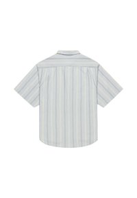 Short-sleeve button-up shirt in light blue fabric featuring vertical stripes in white and yellow. Standard collar and straight hem.