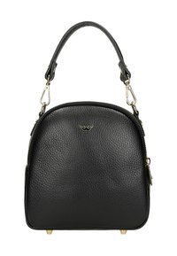 Borsa a mano in pelle nera testurizzata con tracolla staccabile, dettagli in oro e un piccolo emblema al centro davanti.