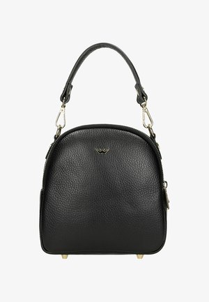 Czarna torebka skórzana o teksturowanej powierzchni z odpinanym paskiem, złotymi okuciami i małym emblematem na froncie.