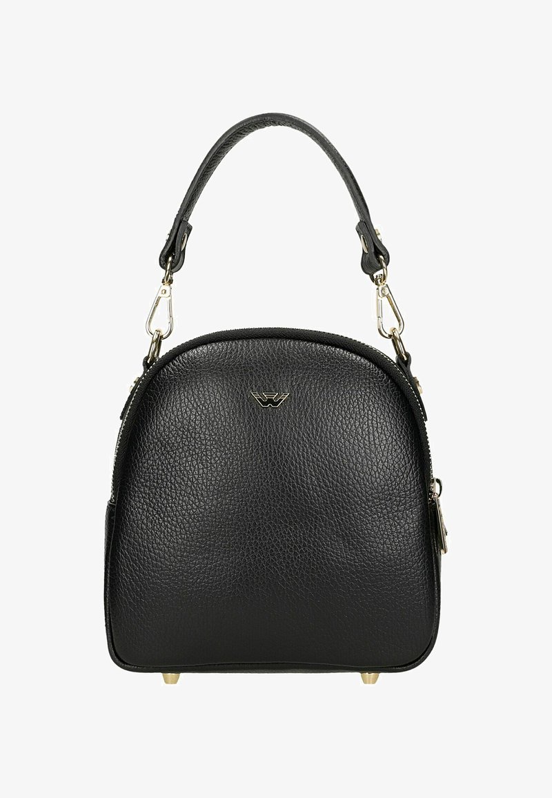 Černá koženková kabelka s texturou, odnímatelným popruhem, zlatým kováním a malým emblémem na předním středě.
