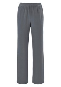 Grijze, losse broek gemaakt van lichtgewicht stof met een elastische tailleband; heeft een rechte pijpontwerp en geen zichtbare patronen.