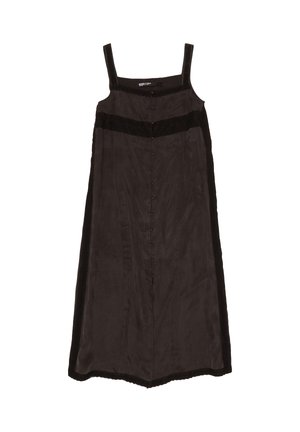 Vestido midi negro sin mangas con cierre frontal de botones y detalle de banda horizontal en el pecho, silueta recta.