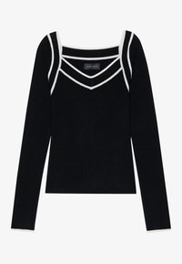 Haut noir à manches longues avec un col carré, présentant des rayures blanches contrastantes en forme de V le long du col et des épaules.