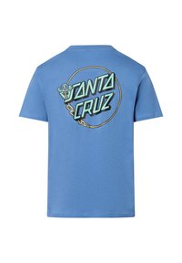 Blauwe katoenen T-shirt met een grafische print op de rug waarop de woorden "SANTA CRUZ" staan in zwart en lichtblauw, vergezeld van een cirkelvormig ontwerpelement.