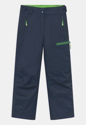 Navy waterproof pants with a green inner lining, featuring zippered pockets with green pulls and articulated knee design for mobility.