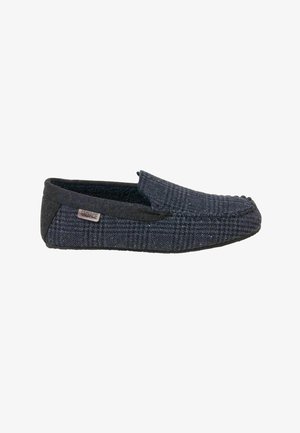 Dunkelblaue Karoschlapfen mit flachem Absatz, Obermaterial aus weichem Stoff und kontrastierenden schwarzen Akzenten. Verfügt über ein Schlupfdesign und eine strukturierte Oberfläche.