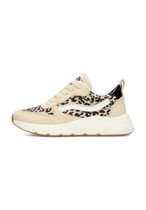 Sneakers with a beige suede upper featuring a leopard print fabric panel, white accents, and a textured rubber sole with a patterned design.