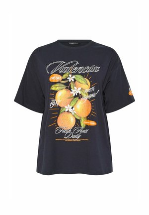 Zwart T-shirt met afbeelding van sinaasappels, bladeren, witte bloemen en tekst met de woorden "Valencia," "100% biologisch," en "Verse Fruit Dagelijks."