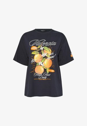 Black T-shirt with graphic of oranges, leaves, white flowers, and text reading "Valencia," "100% organic," and "Fresh Fruit Daily."