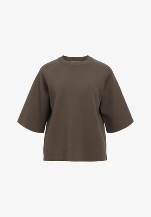 Sweatshirt marron à manches courtes et col rond. Fabriqué en tissu doux avec une coupe décontractée et des manches raglan pour plus de confort. Pas de motifs visibles.