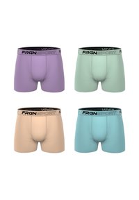 Ensemble de boxers disponibles en quatre couleurs : lavande, vert menthe, pêche et bleu clair. Chacun a une taille noire "FRGNSPORT". Texture lisse.