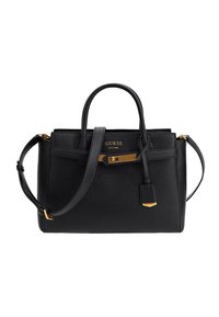 Musta teksturoitu nahkainen Guess-käsilaukku, jossa on ylhäältä kantohanat, irrotettava olkahihna, kultasävyiset yksityiskohdat ja et lukko-ominaisuus.