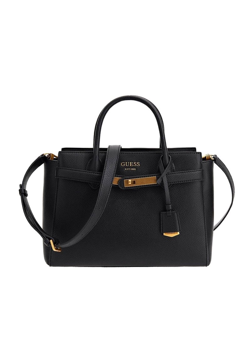 Musta teksturoitu nahkainen Guess-käsilaukku, jossa on ylhäältä kantohanat, irrotettava olkahihna, kultasävyiset yksityiskohdat ja et lukko-ominaisuus.