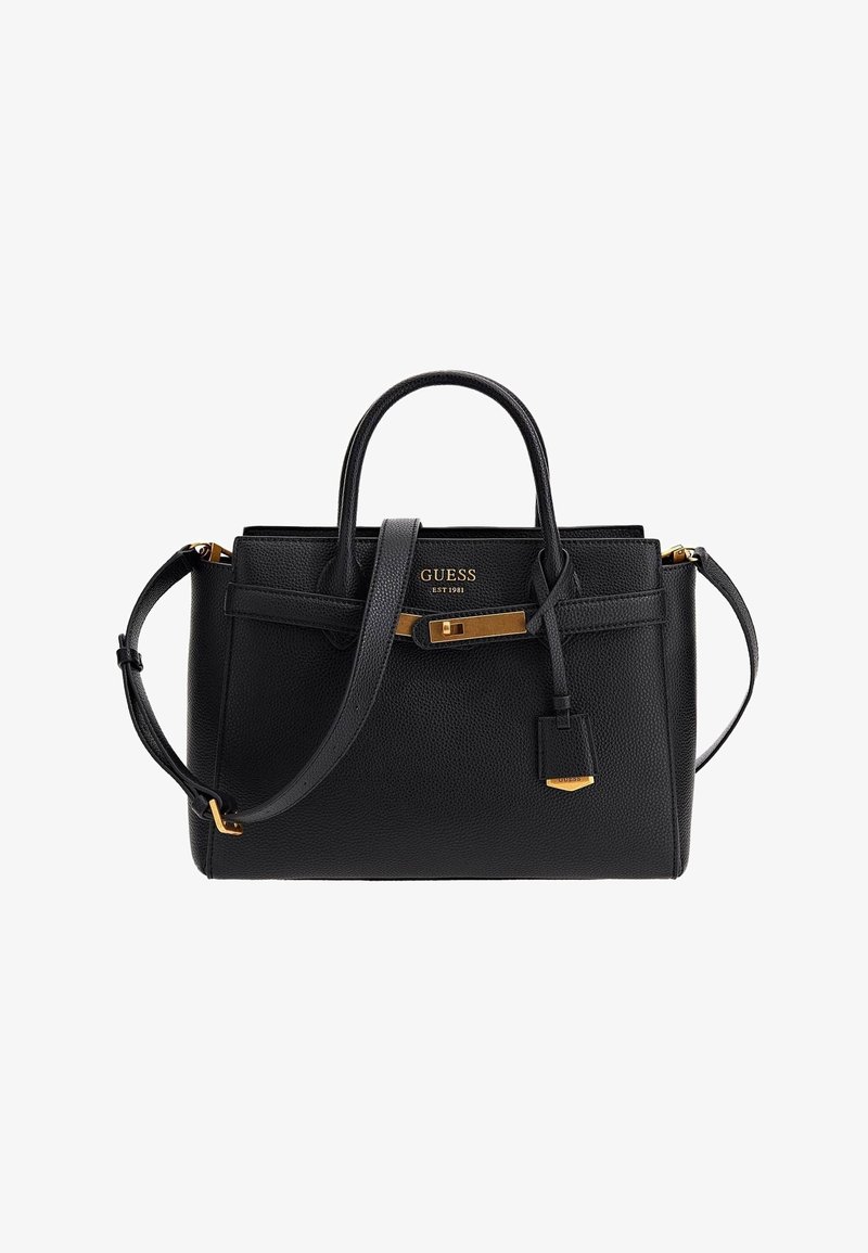 Musta teksturoitu nahkainen Guess-käsilaukku, jossa on ylhäältä kantohanat, irrotettava olkahihna, kultasävyiset yksityiskohdat ja et lukko-ominaisuus.