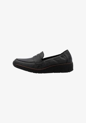 Black leather loafer with a textured finish, low profile, and flexible rubber sole. Features minimalist design and stitched accents.