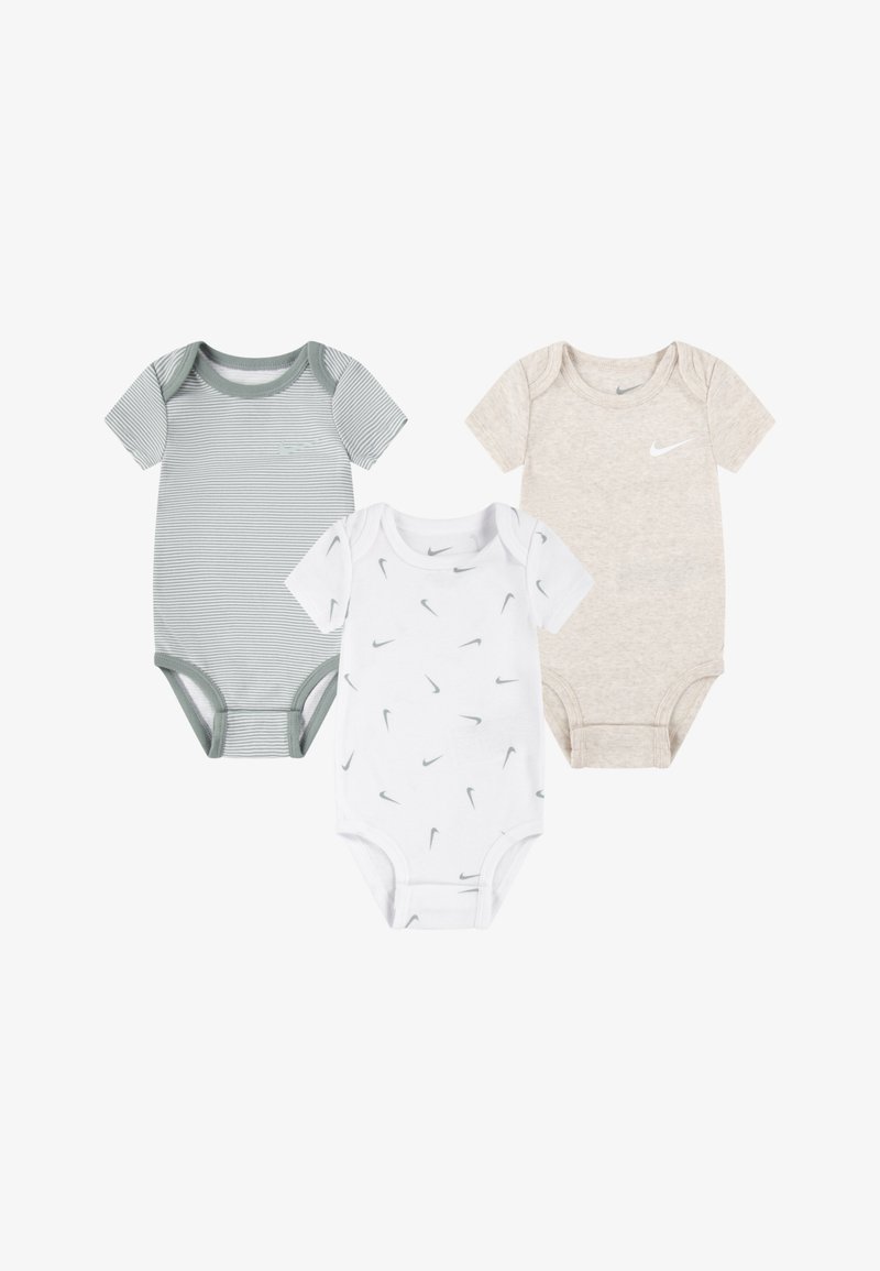 Three baby bodysuits: a green striped one, a white one with gray logos, and a beige one with a small logo. Soft cotton fabric, short sleeves.